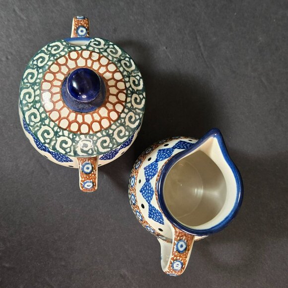 Polish Pottery UNIKAT Creamer Pitcher & Sugar Bowl Set w Lid Handmade Geometric - Picture 6 of 11